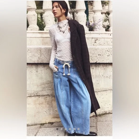 Free People Margo Barrel Pull On Jeans We The Free Rope Tie Bergamot Blue - Picture 1 of 7